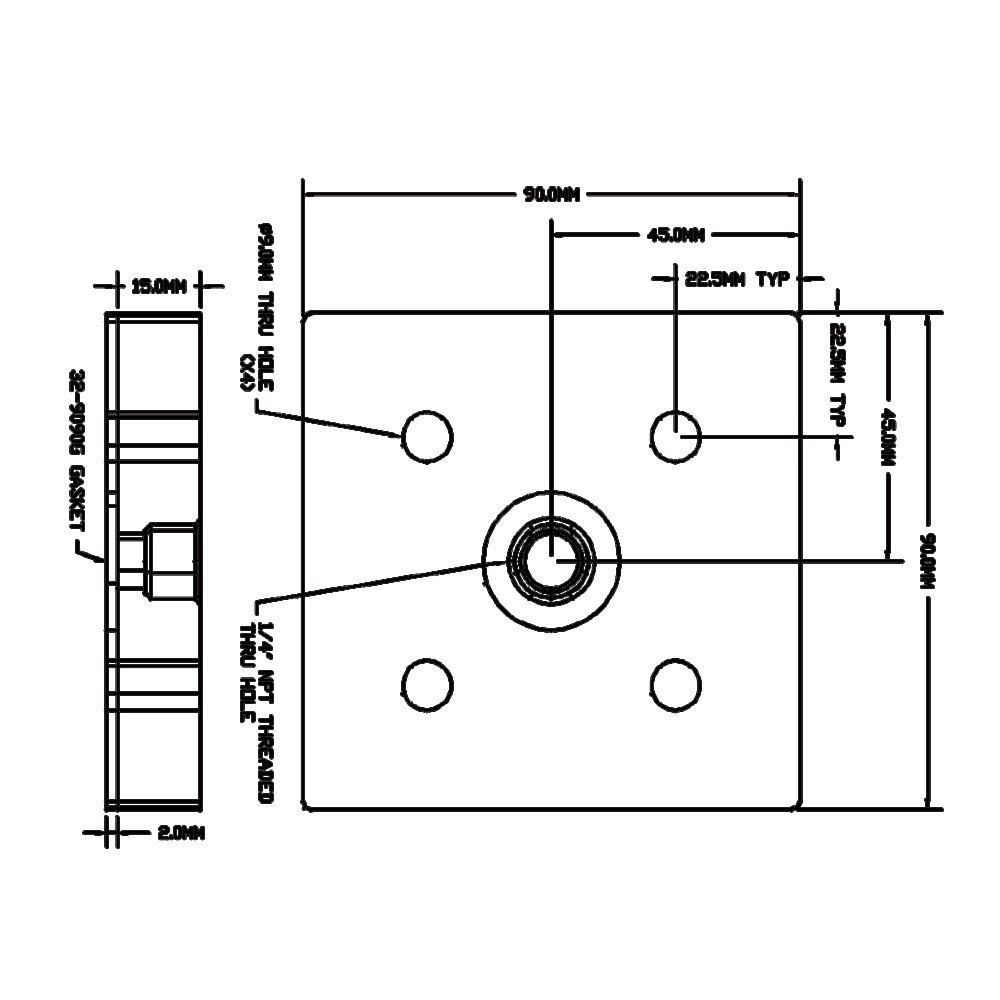 32-909014N-1SS MODULAR SOLUTIONS PNEUMATIC PLATE 90MM X 90MM WITH GASKET 1/4" NPT THREADED CENTER THRU HOLE
